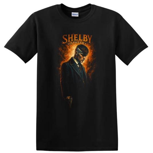 Fiery Shelby Distillery portrait artwork with man in dark suit T shirt on a Black T Shirt