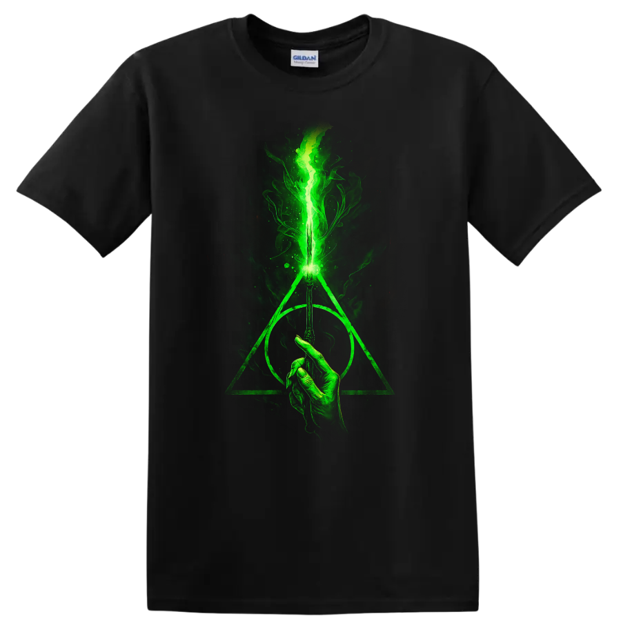 Green glowing wand with Deathly Hallows symbol and smoky flame design on black T shirt on a Black T Shirt