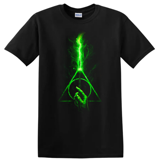 Green glowing wand with Deathly Hallows symbol and smoky flame design on black T shirt on a Black T Shirt
