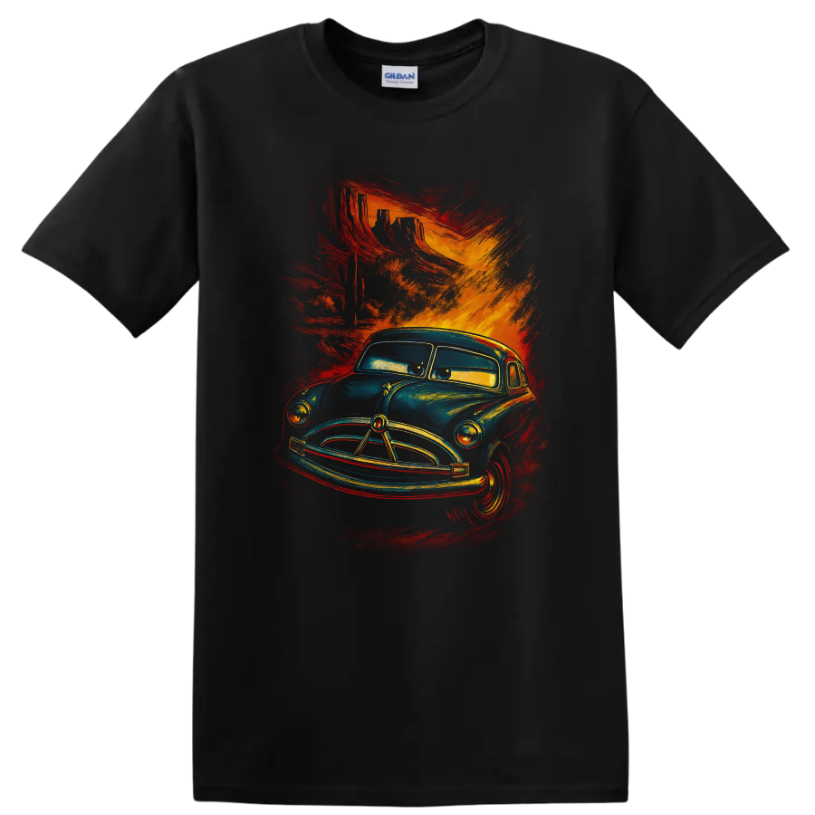 Vintage blue truck character art with fiery red orange brush strokes on a T shirt on a Black T Shirt