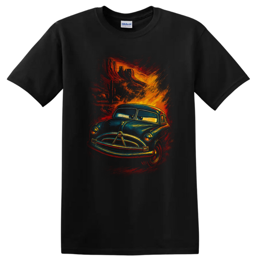 Vintage blue truck character art with fiery red orange brush strokes on a T shirt on a Black T Shirt