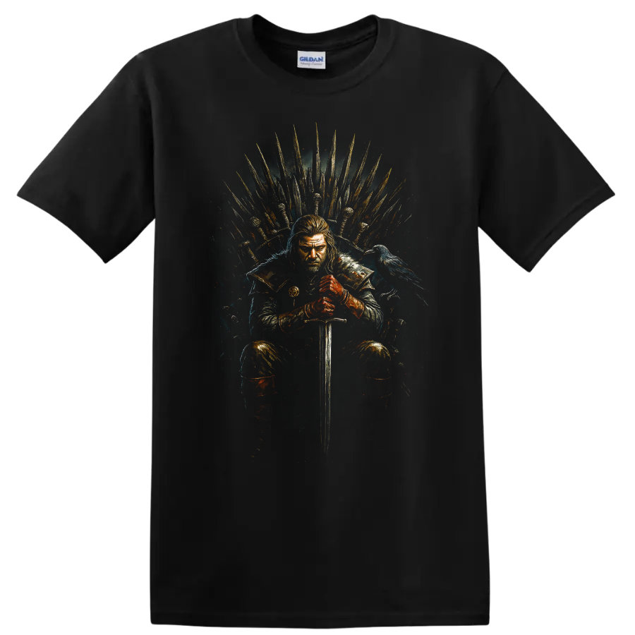 Game of Thrones warrior seated on the Iron Throne with sword and raven on a Black T Shirt