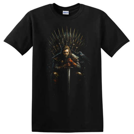Game of Thrones warrior seated on the Iron Throne with sword and raven on a Black T Shirt