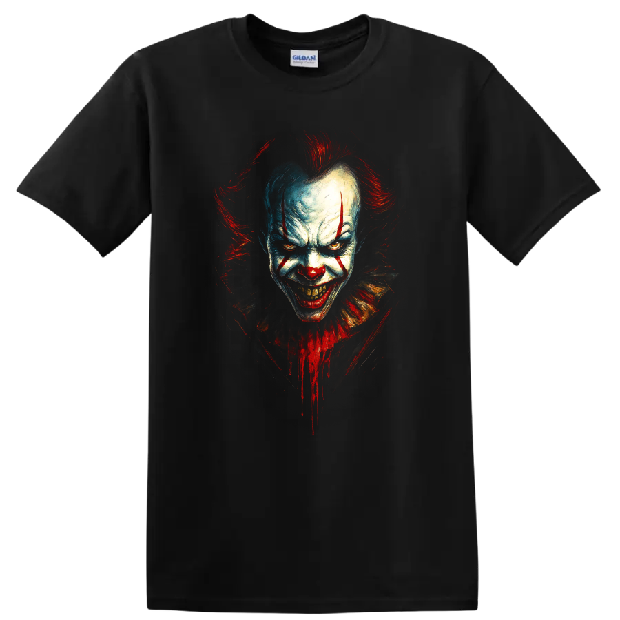 Pennywise horror clown face with red and blue paint on a black T shirt on a Black T Shirt