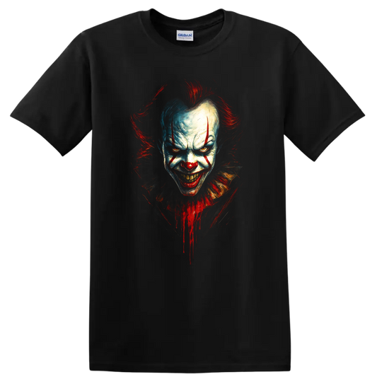 Pennywise horror clown face with red and blue paint on a black T shirt on a Black T Shirt