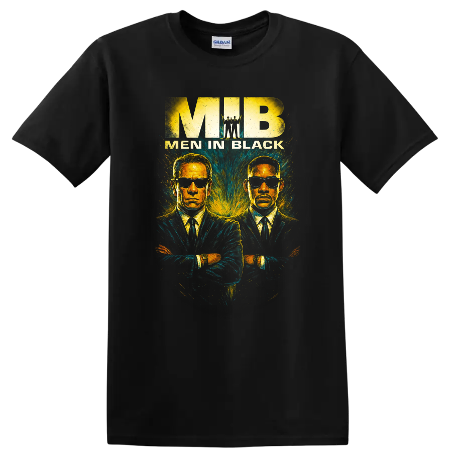 Men in Black graphic T Shirt with two suited agents in sunglasses and vintage poster style on a Black T Shirt