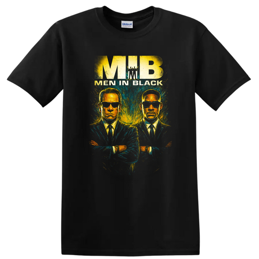 Men in Black graphic T Shirt with two suited agents in sunglasses and vintage poster style on a Black T Shirt
