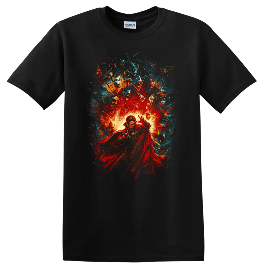 Doctor Strange comic art with magical energy and shattered fragments on a T Shirt on a Black T Shirt