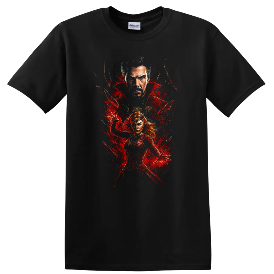 Doctor Strange and Scarlet Witch red comic art T-shirt on a Black T Shirt