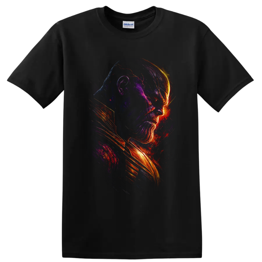 Thanos side-profile cosmic rage neon graphic T shirt on a Black T Shirt