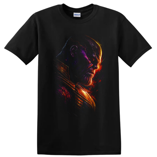 Thanos side-profile cosmic rage neon graphic T shirt on a Black T Shirt