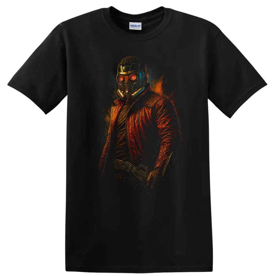 Guardians of the Galaxy inspired Star-Lord helmet and red jacket neon comic T shirt on a Black T Shirt