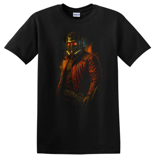 Guardians of the Galaxy inspired Star-Lord helmet and red jacket neon comic T shirt on a Black T Shirt