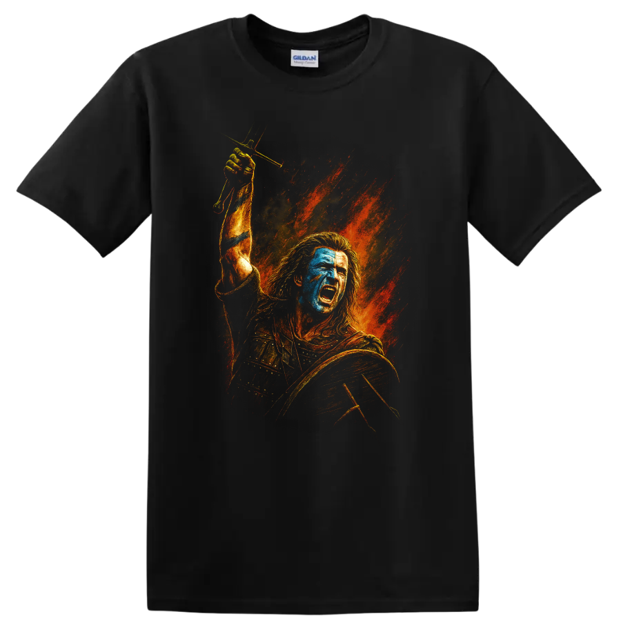 Braveheart-inspired warrior battle cry artwork with fiery background on T shirt on a Black T Shirt