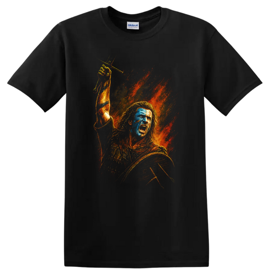 Braveheart-inspired warrior battle cry artwork with fiery background on T shirt on a Black T Shirt