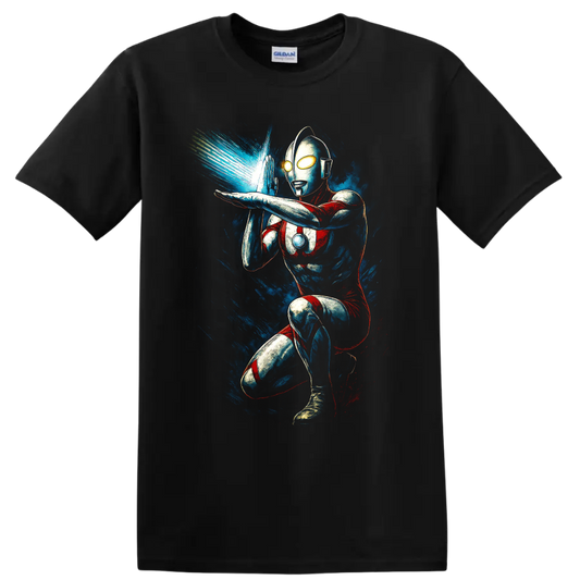 Ultraman action pose with blue energy blast retro comic style T shirt on a Black T Shirt