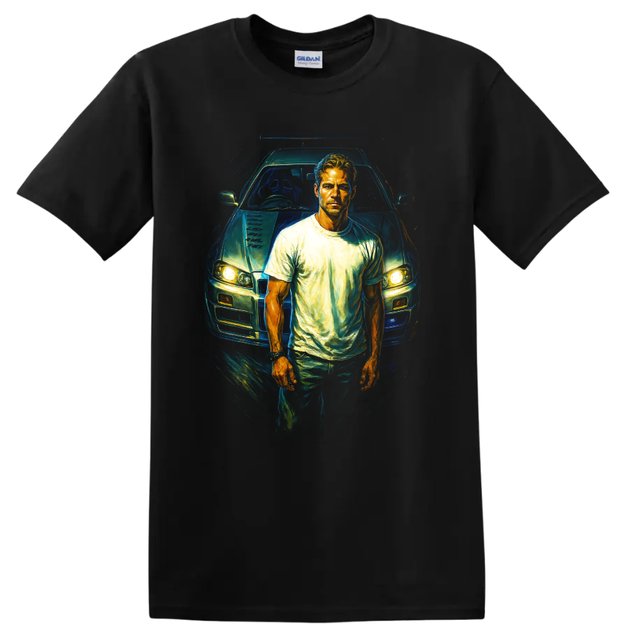 Fast and Furious inspired driver standing in front of a car graphic T shirt on a Black T Shirt