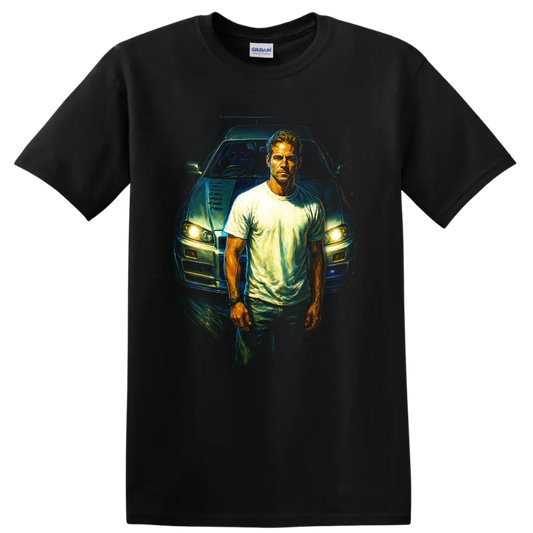 Fast and Furious inspired driver standing in front of a car graphic T shirt on a Black T Shirt