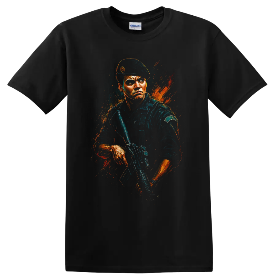 Tactical soldier in beret holding rifle with orange paint splash graphic T shirt on a Black T Shirt