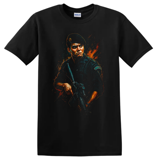 Tactical soldier in beret holding rifle with orange paint splash graphic T shirt on a Black T Shirt