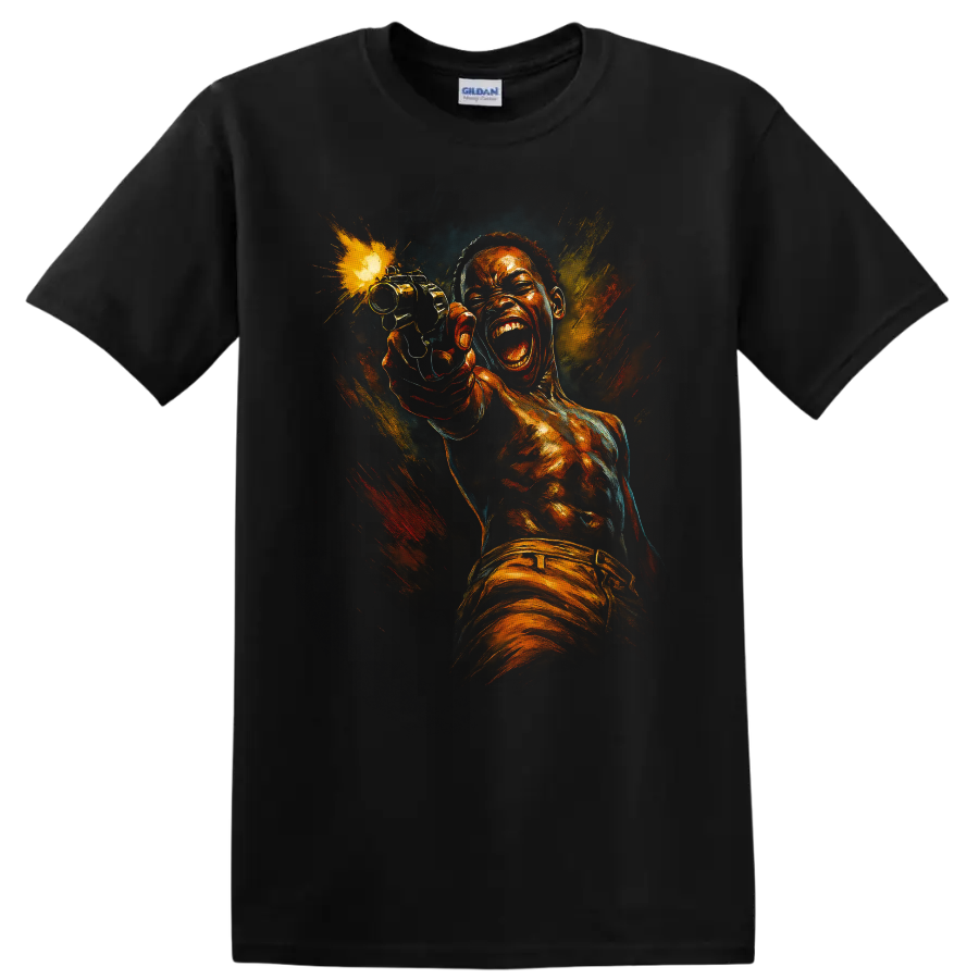 Dramatic painted action portrait graphic T shirt with explosive orange and blue colors on a Black T Shirt