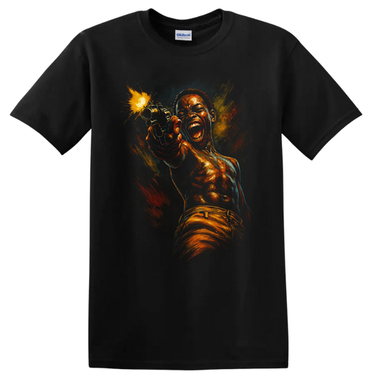 Dramatic painted action portrait graphic T shirt with explosive orange and blue colors on a Black T Shirt