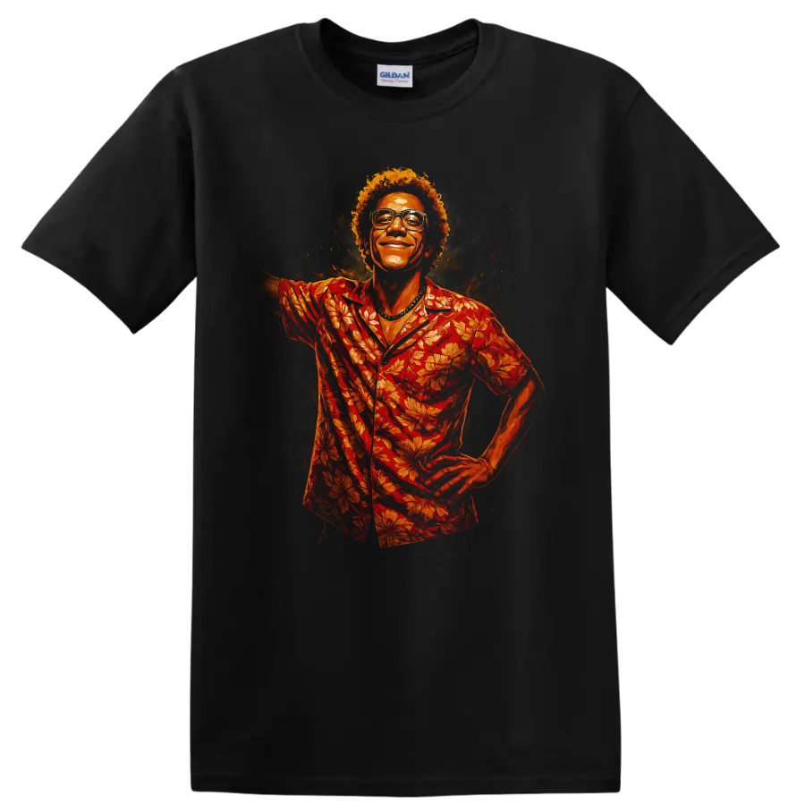 Cinematic portrait of smiling man in red floral shirt for Cidade de Deus City of God T Shirt on a Black T Shirt