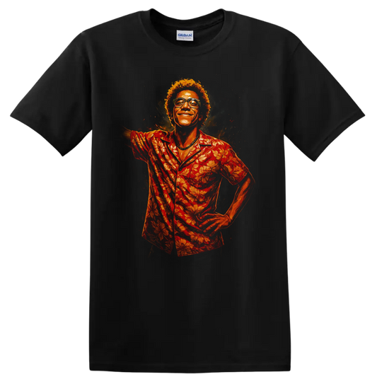 Cinematic portrait of smiling man in red floral shirt for Cidade de Deus City of God T Shirt on a Black T Shirt