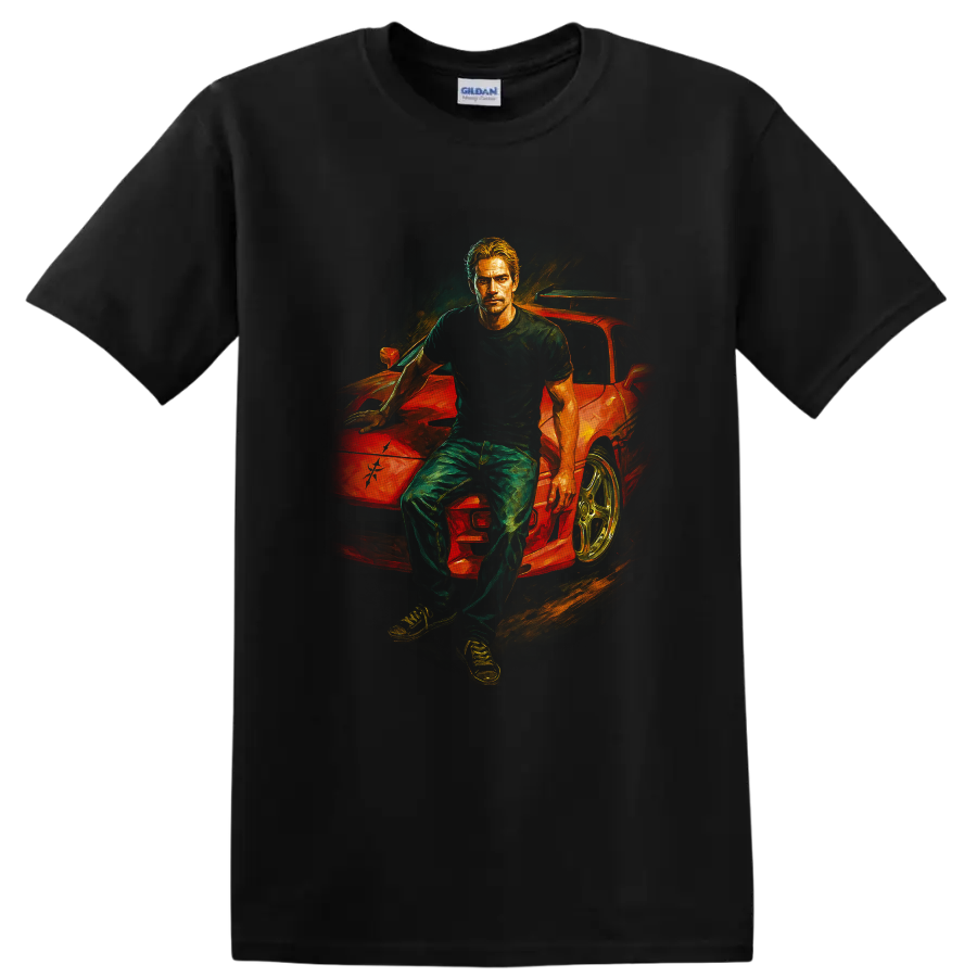Movie-inspired artwork of a man leaning on a red sports car on a black T shirt on a Black T Shirt