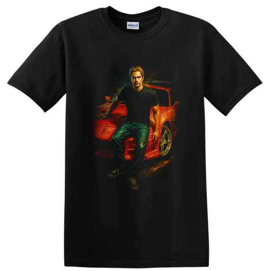 Movie-inspired artwork of a man leaning on a red sports car on a black T shirt on a Black T Shirt