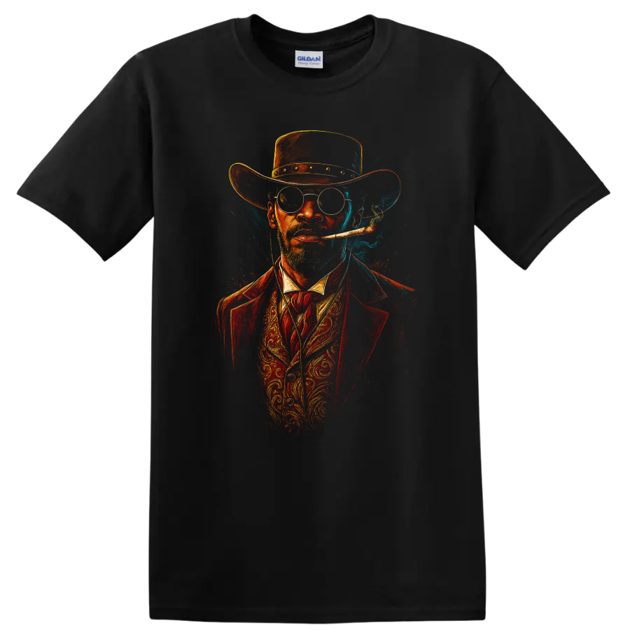 Django Unchained inspired cowboy portrait with hat, glasses, cigar, and smoky Western style on a Black T Shirt