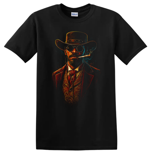 Django Unchained inspired cowboy portrait with hat, glasses, cigar, and smoky Western style on a Black T Shirt