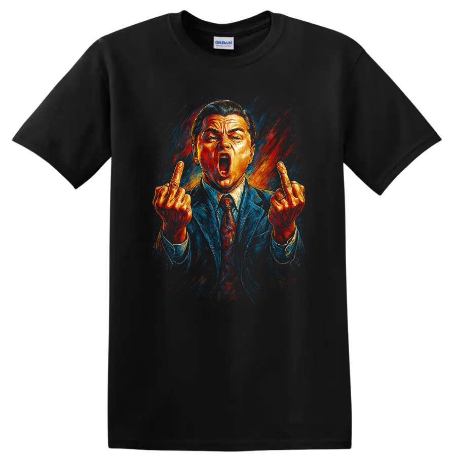 Pop art portrait of a suited man with raised middle fingers, The Wolf of Wall Street T-shirt on a Black T Shirt