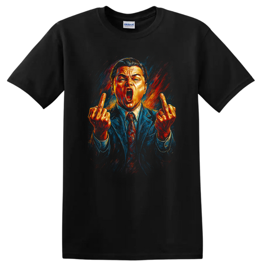 Pop art portrait of a suited man with raised middle fingers, The Wolf of Wall Street T-shirt on a Black T Shirt