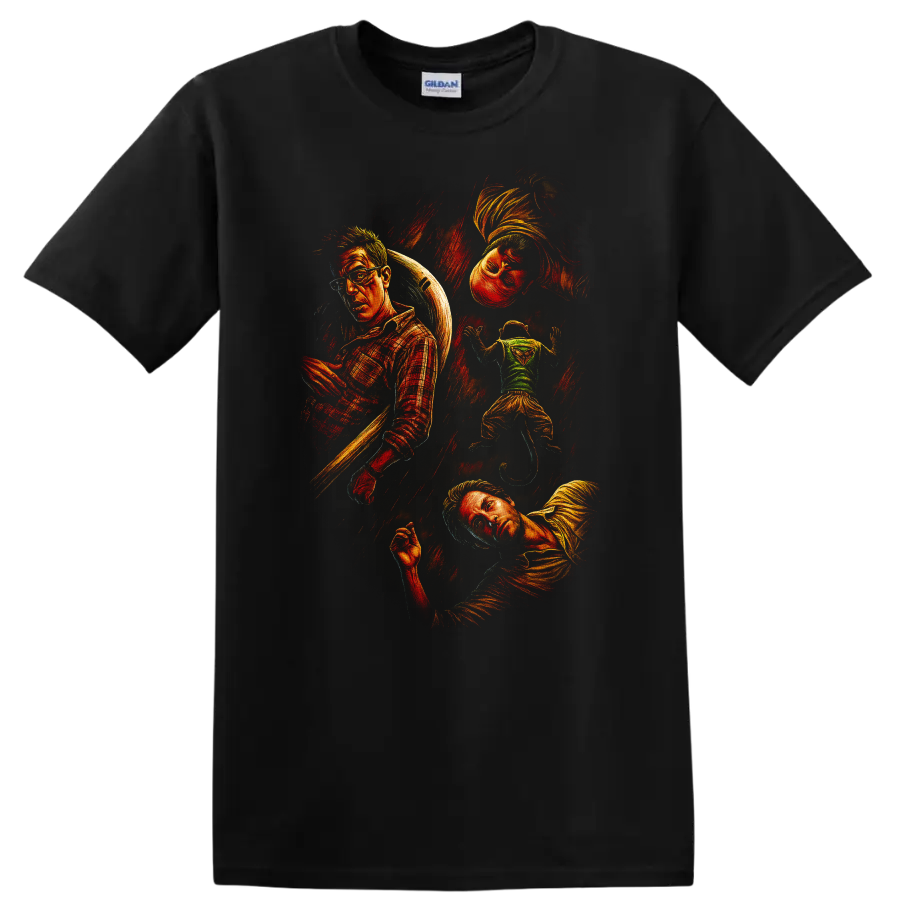The Hangover movie collage artwork with multiple characters in vintage style T Shirt on a Black T Shirt