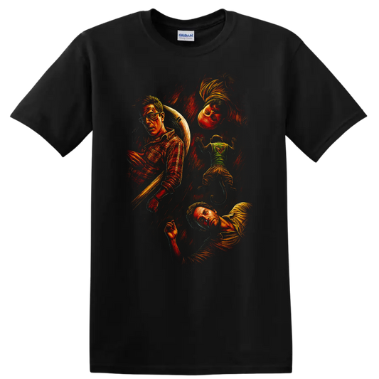 The Hangover movie collage artwork with multiple characters in vintage style T Shirt on a Black T Shirt