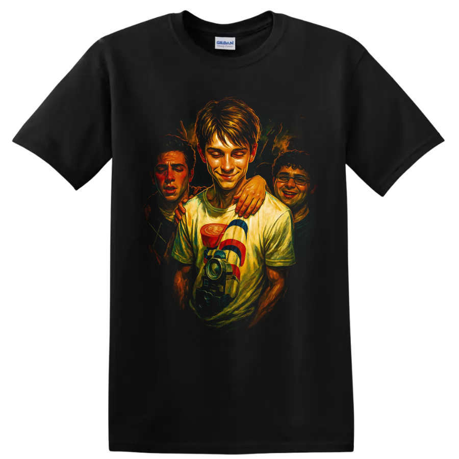 Stranger Things-inspired painted crew character graphic T shirt on a Black T Shirt