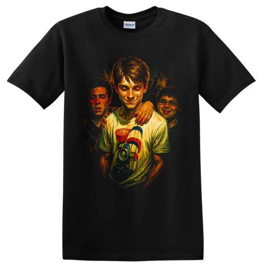 Stranger Things-inspired painted crew character graphic T shirt on a Black T Shirt