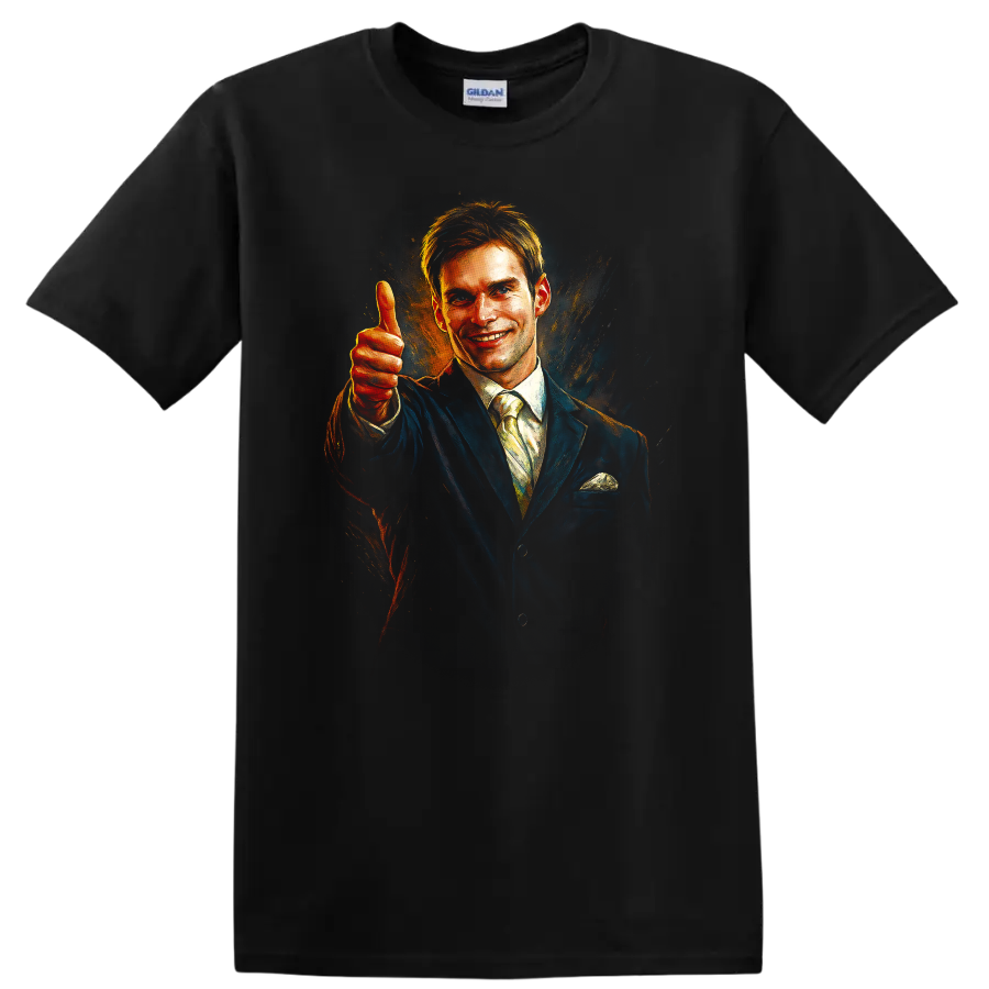 Smiling man in suit giving thumbs up, painterly movie-style graphic T-shirt on a Black T Shirt