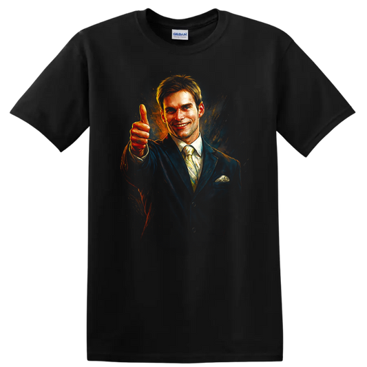 Smiling man in suit giving thumbs up, painterly movie-style graphic T-shirt on a Black T Shirt
