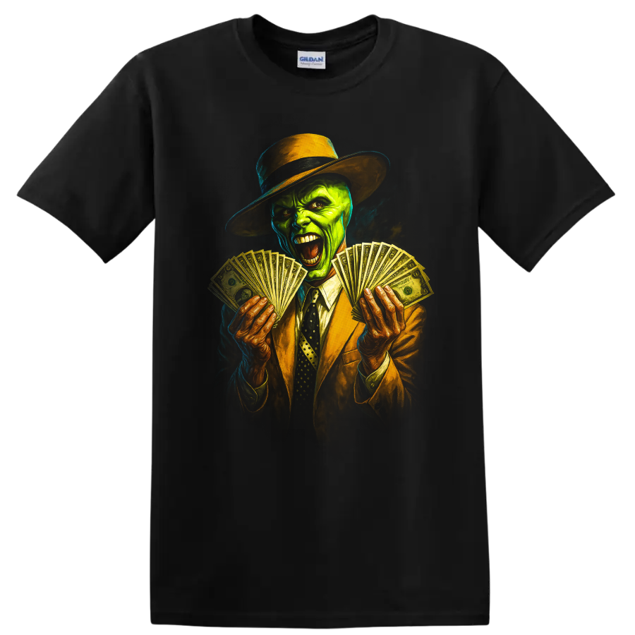 Green face character in hat and suit holding money fans graphic T shirt on a Black T Shirt