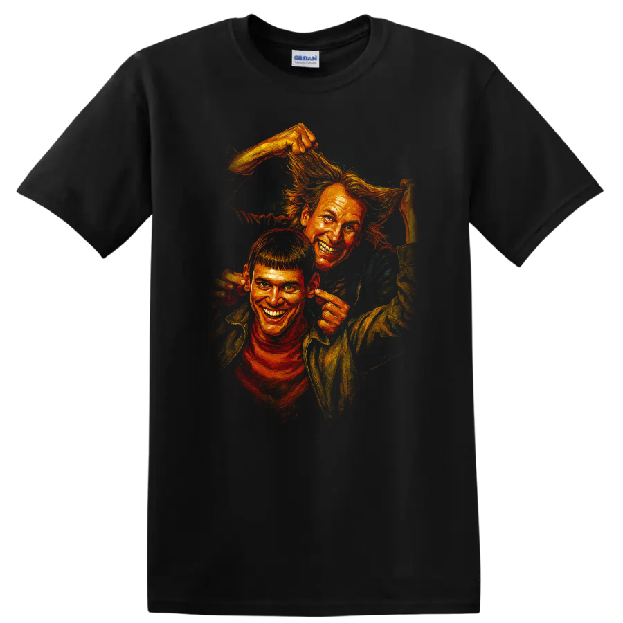 Dumb and Dumber inspired comic-style artwork of two grinning characters on a Black T Shirt