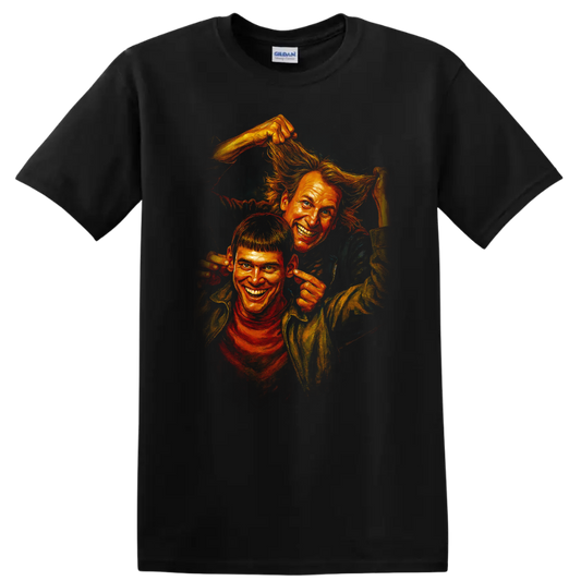 Dumb and Dumber inspired comic-style artwork of two grinning characters on a Black T Shirt