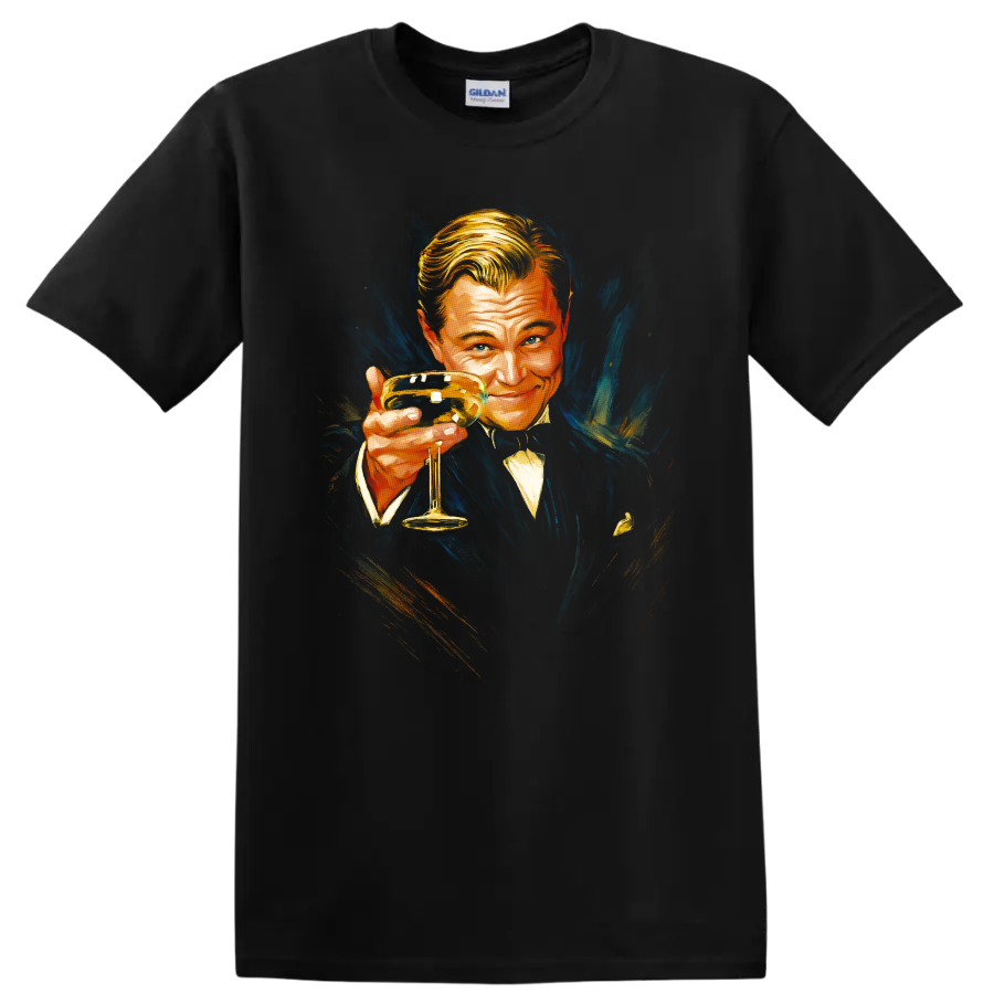 Vintage Great Gatsby portrait holding a champagne glass on a Black T Shirt