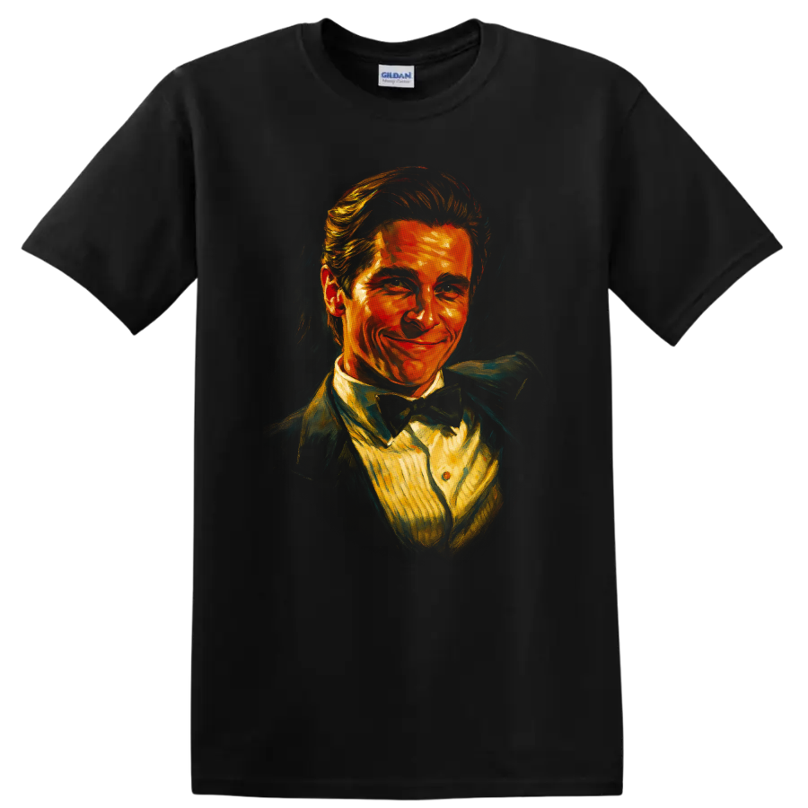 Painterly portrait inspired by American Psycho on a T shirt on a Black T Shirt