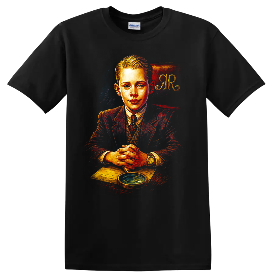 Richie Rich portrait in vintage painted style with RR background on T shirt on a Black T Shirt