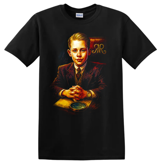 Richie Rich portrait in vintage painted style with RR background on T shirt on a Black T Shirt