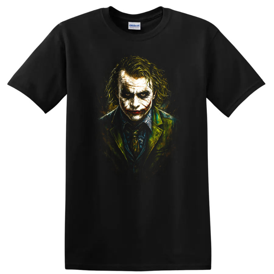 Painted Joker portrait graphic T Shirt with dark dramatic movie style on a Black T Shirt