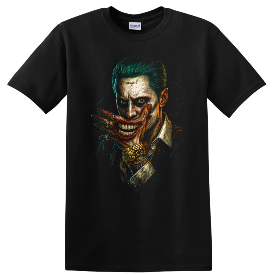 Suicide Squad Joker-style grin portrait with neon green hair graphic T shirt on a Black T Shirt