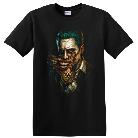 Suicide Squad Joker-style grin portrait with neon green hair graphic T shirt on a Black T Shirt